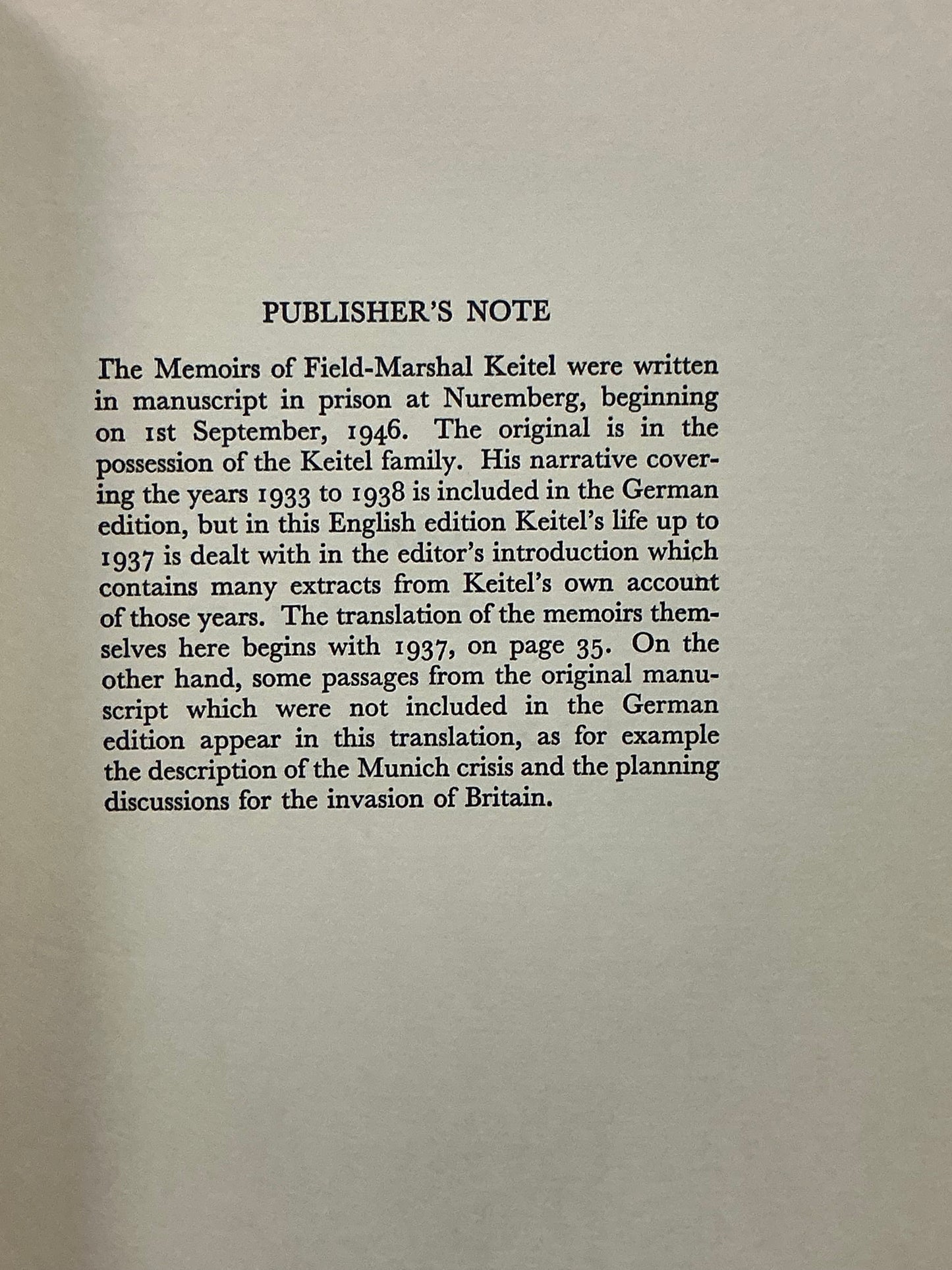 The Memoirs of Field Marshal Keitel Edited by Walter Gorlitz