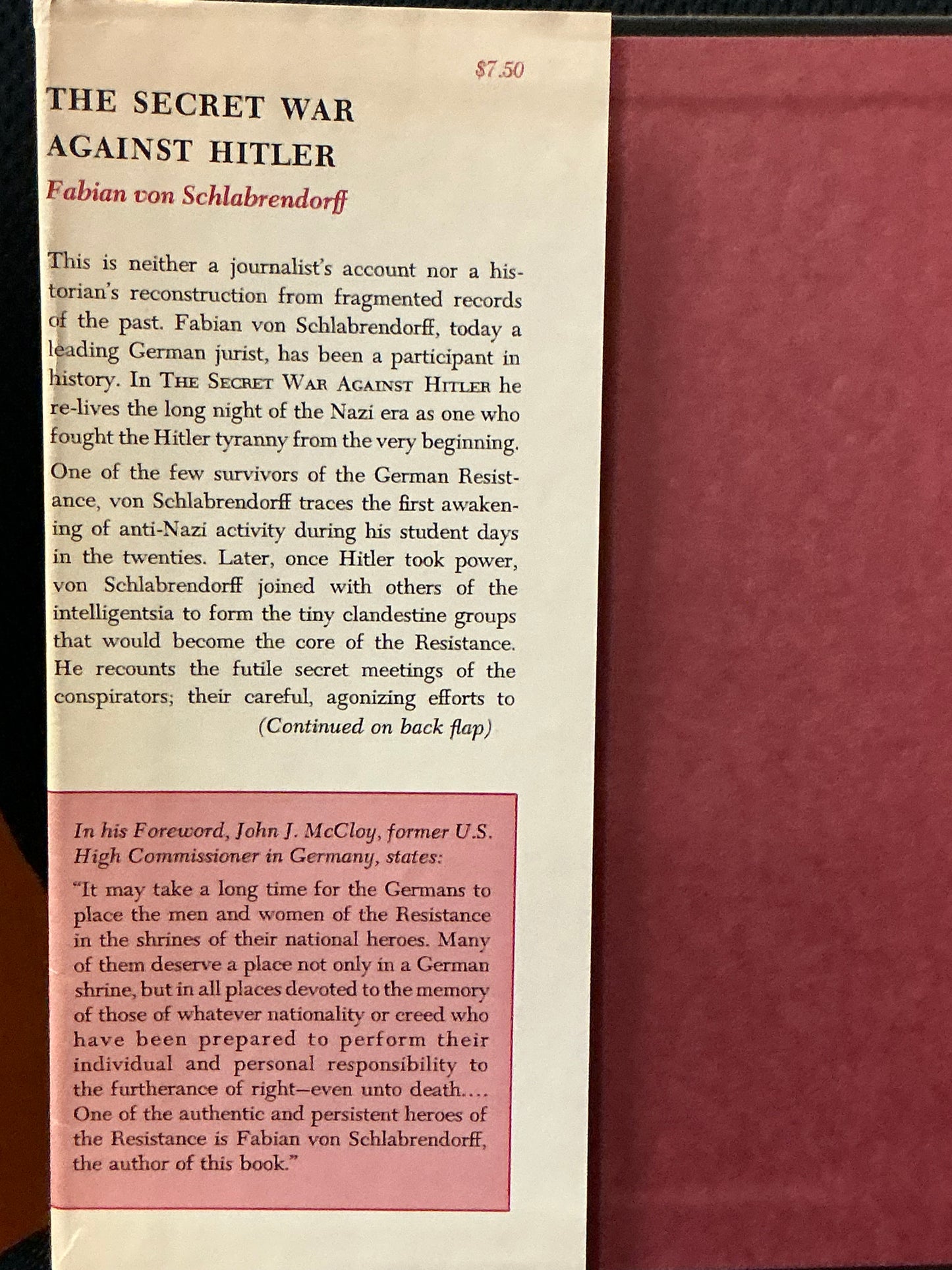 The Secret War Against Hitler by Fabian Von Schlabrendorf